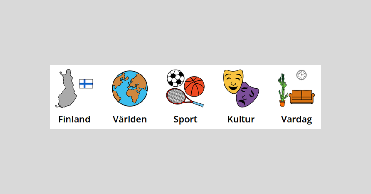 Olika nyhetskategorier som Finland, världen, Sport, Kultur och Vardag.